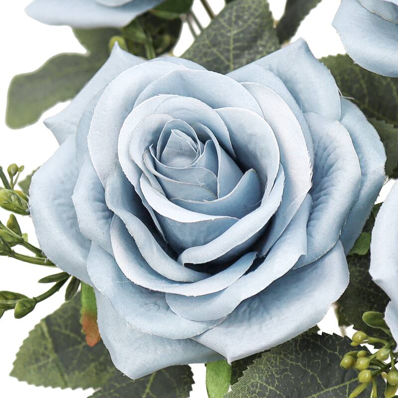 Set of 2 Dusty Blue Artificial Queen Tea Rose Flower Stem Bush Bouquet 17in - 17" L x 9" W x 9" DP