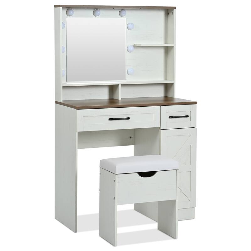 Farmhouse Makeup Vanity Desk with Mirror and Lights, 3 Lighting Modes, Vanity Set with Stool, Dressing Table