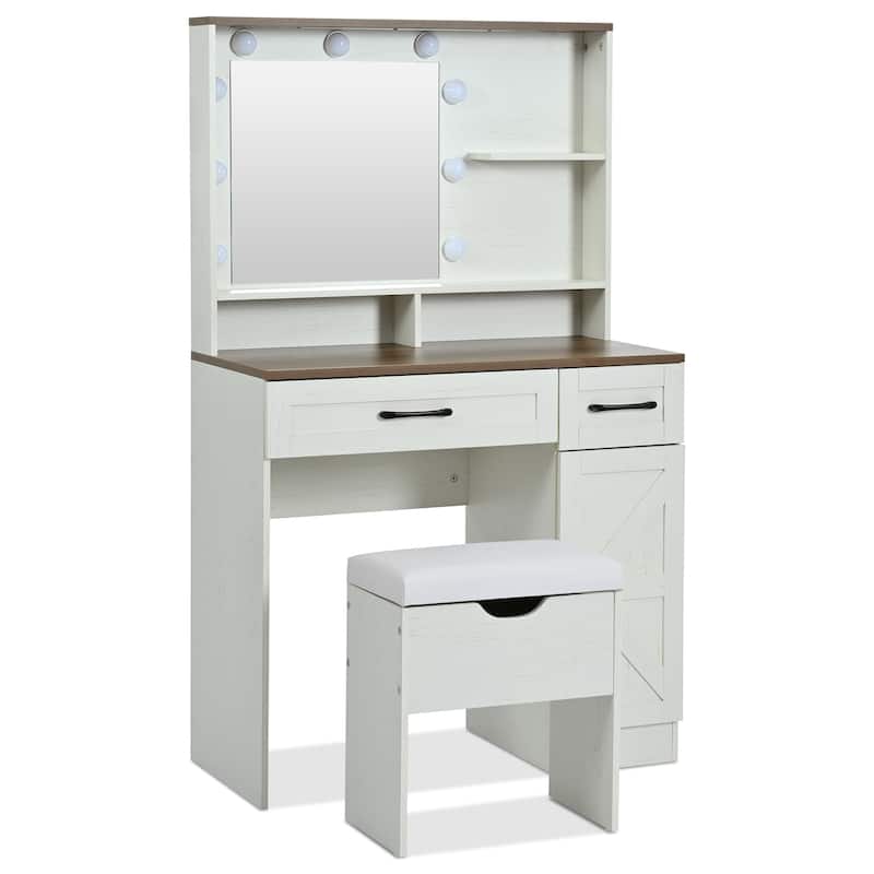 Farmhouse Makeup Vanity Desk with Mirror and Lights