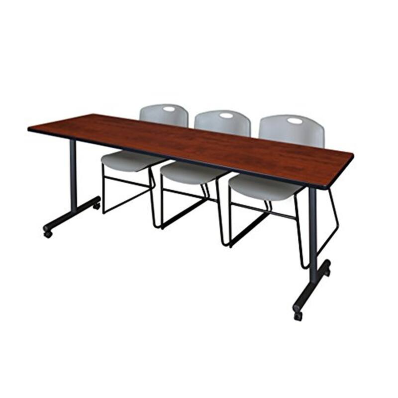 84" x 24" Mobile Training Table- Cherry & 3 Stack Chairs- Grey