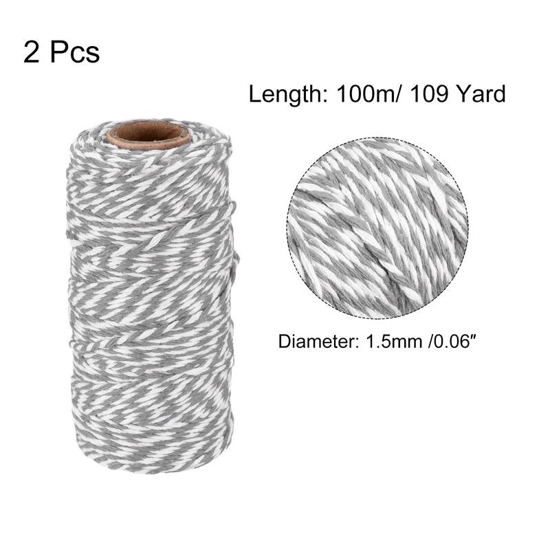 2x Twine Packing String Wrapping Cotton Twine Rope 100M for Christmas - Grey,White