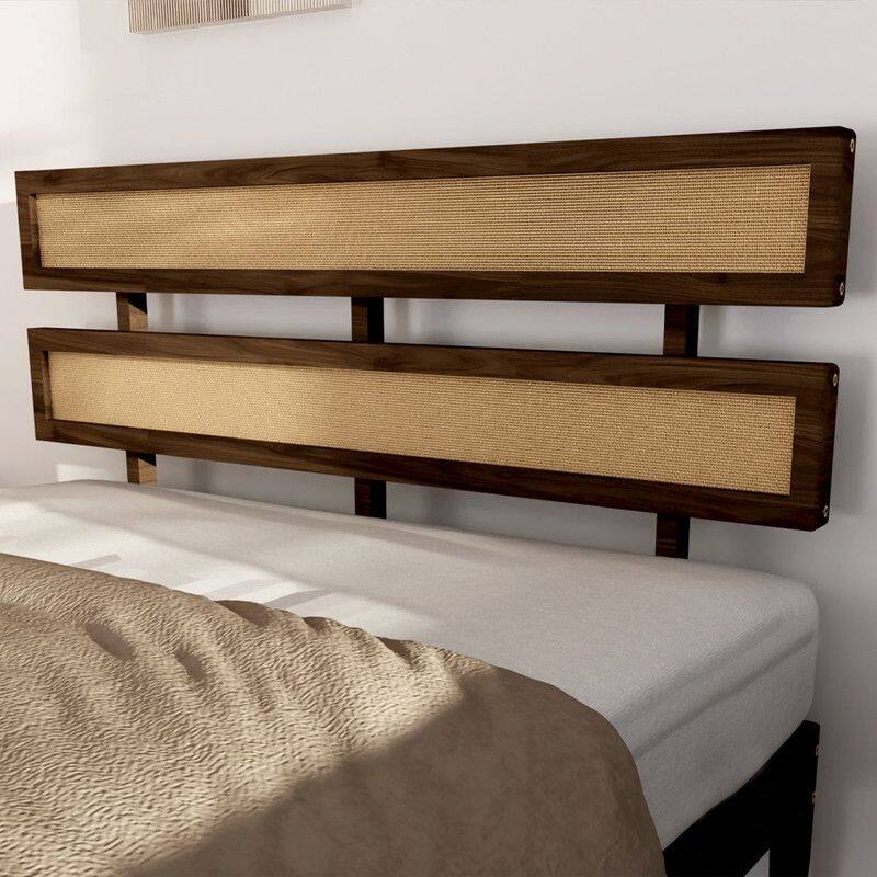 Solid Wood Full Bed Frame Platform Bedframe with Rattan Headboard