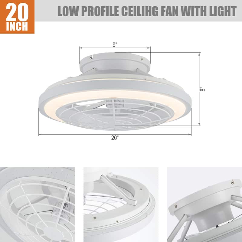 20" Modern White Dimmable Enclosed Caged Ceiling Fan with Light and Remote