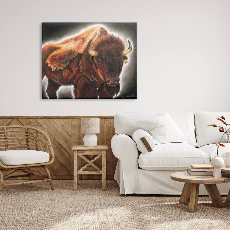 Stupell Tagged Bison Cattle Rustic Southwestern Animal Big Horns Canvas Wall Art - Orange