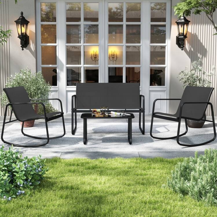 4 Piece Black Metal Fabric Rocking Bistro Set with Coffee Table Outdoor - Rocking Chair: 28.5” x 24” x 31.5” (L x W x H)