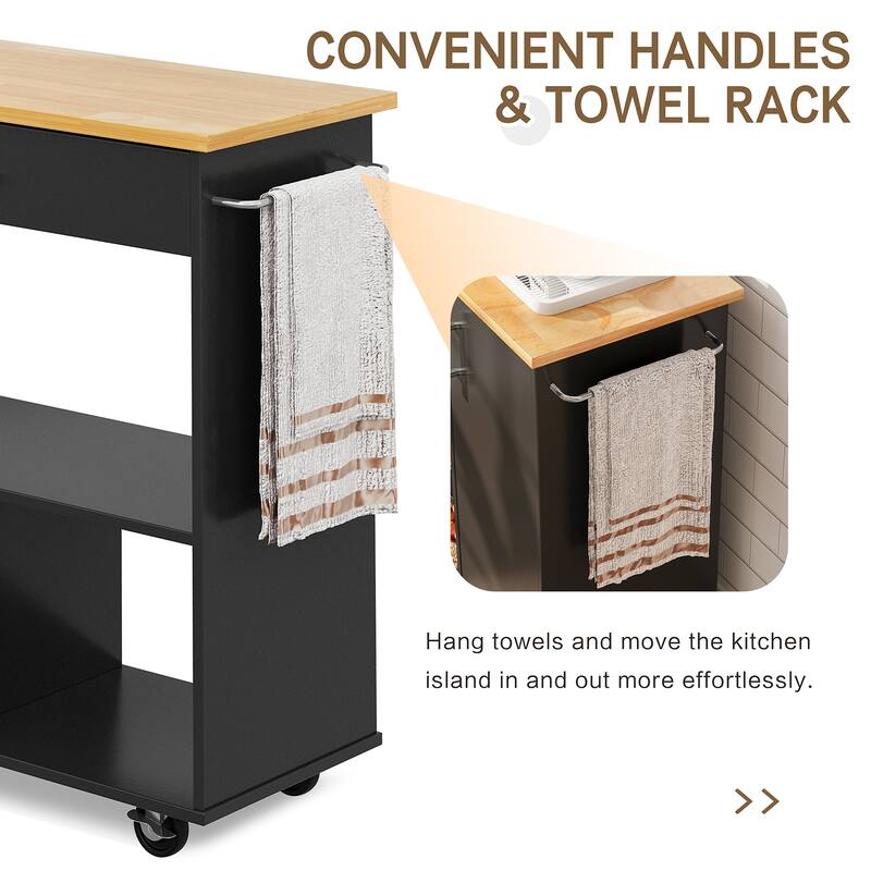 Kitchen Island with Towel Rack – Mobile Cart with Rubber Wood Top, Easy-Glide Storage