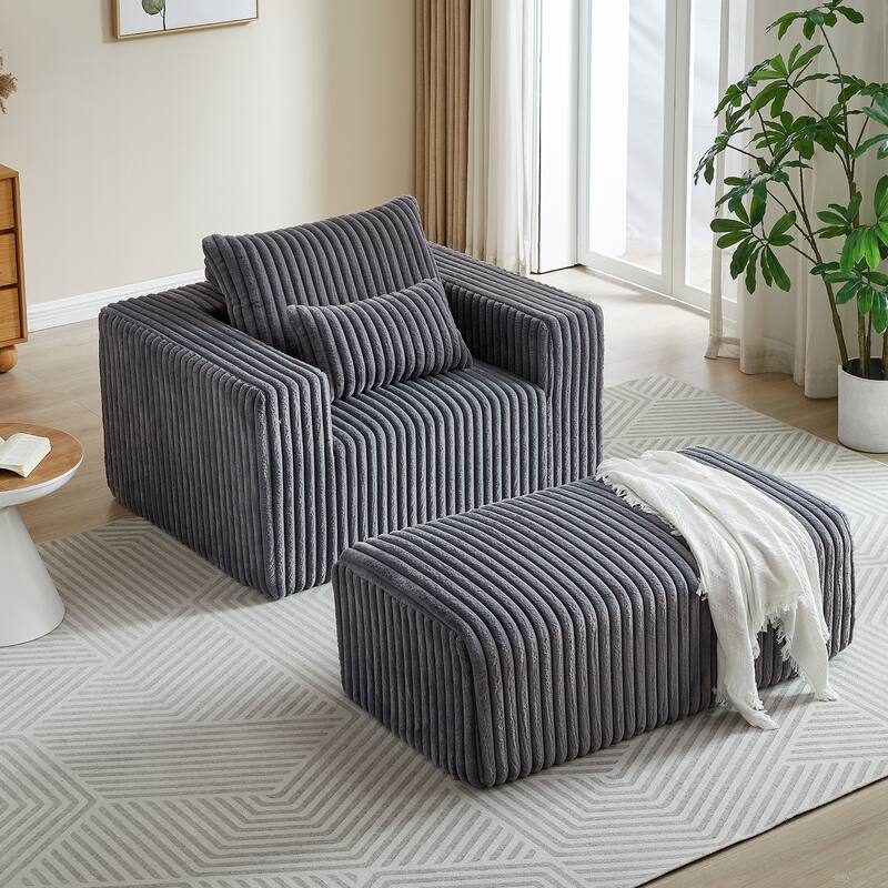 62.5" Corduroy Sponge Sofa Lounge Chair with Removable footrest,No Assembly Required,Fluffy Modern Sleeper Chair for Bedroom