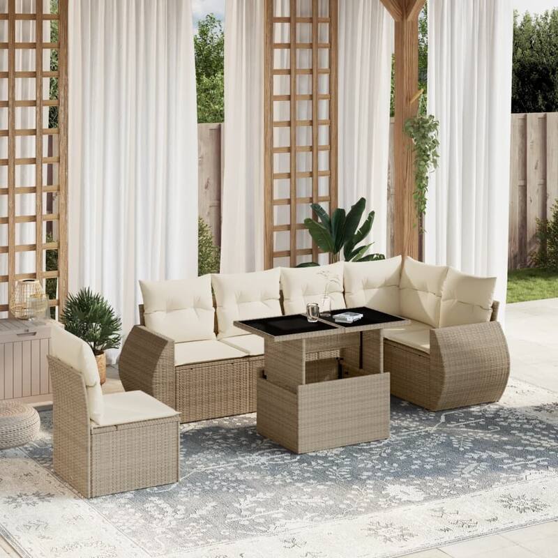 vidaXL Patio Sofa Set with Cushions Outdoor Furniture 7 Piece Poly Rattan - 21.7 x 39.4 x 28.7 - Beige and Cream