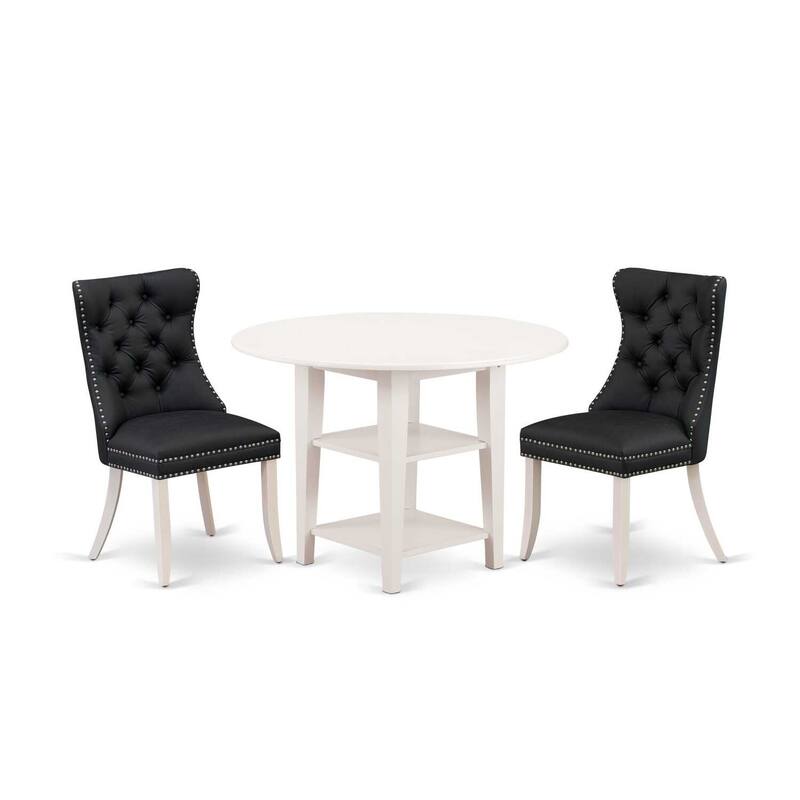 HomeStock 3-Pc Linen White Finish Round Solid Wood Top With Dropleaf Dining Table Set