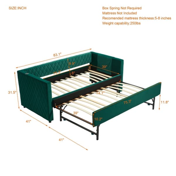 dimension image slide 3 of 5, Tufted Upholstered Daybed with Lift Up Trundle, Twin Size Velvet Platform Sofa Bed with Charging Ports and Side Pocket
