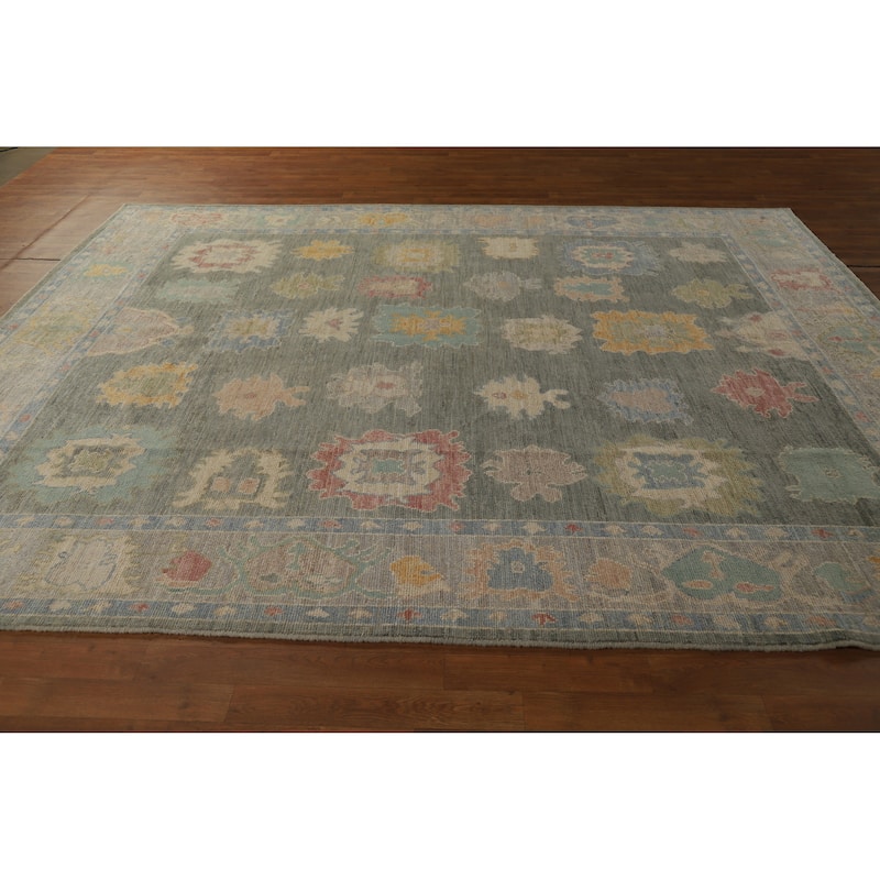 Hand Knotted Oriental 100% Wool Carpet Transitional All-Over Green Oushak Area Rug - 10' 4'' X 8' 2''