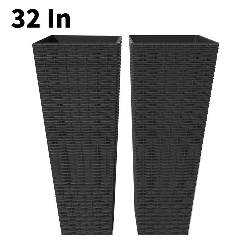 32 Inch Set of 2 Decorative Planters, Flower Pots for Patio, Backyard, Home with Tray - Black