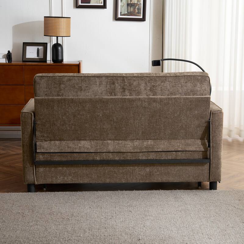 Roomfitters Loveseat Pull-Out Sofa Bed with Reversible Backrest Cushion, Side Pockets, USB Ports, and Phone Holder