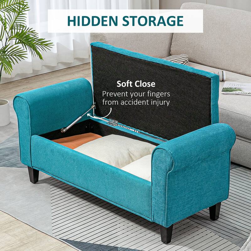 Storage Ottoman Bench, Upholstered End of Bed Bench with Rolled Arms, Wood Legs, Button Tufted Storage Bench with Safety Hinges