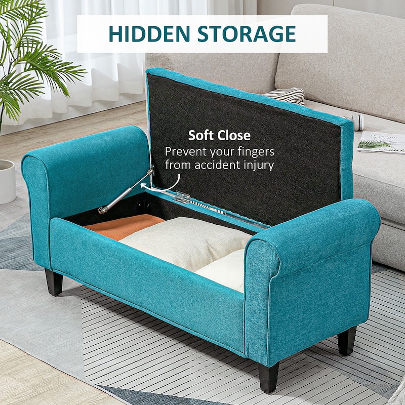 Upholstered End of Bed Bench with Rolled Arms, Storage Bench Indoor Bench Window Bench with Wood Legs