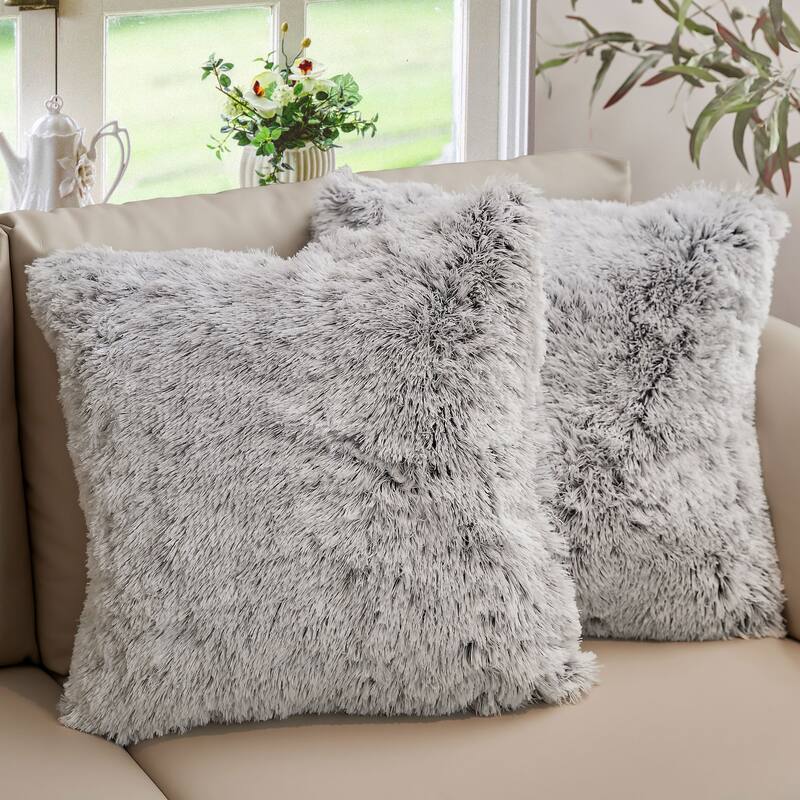 Cheer Collection Super Soft Shaggy Long Hair Throw Pillows Set of 2 Plush Accent Cushions - 26" x 26" - Gray Ombre