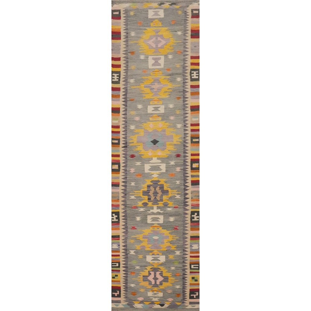 Hand Woven Oriental 100% Wool Carpet Southwestern Tribal Greys & Charcoal Kilim Runner Rug - 11' 9'' X 2' 10''