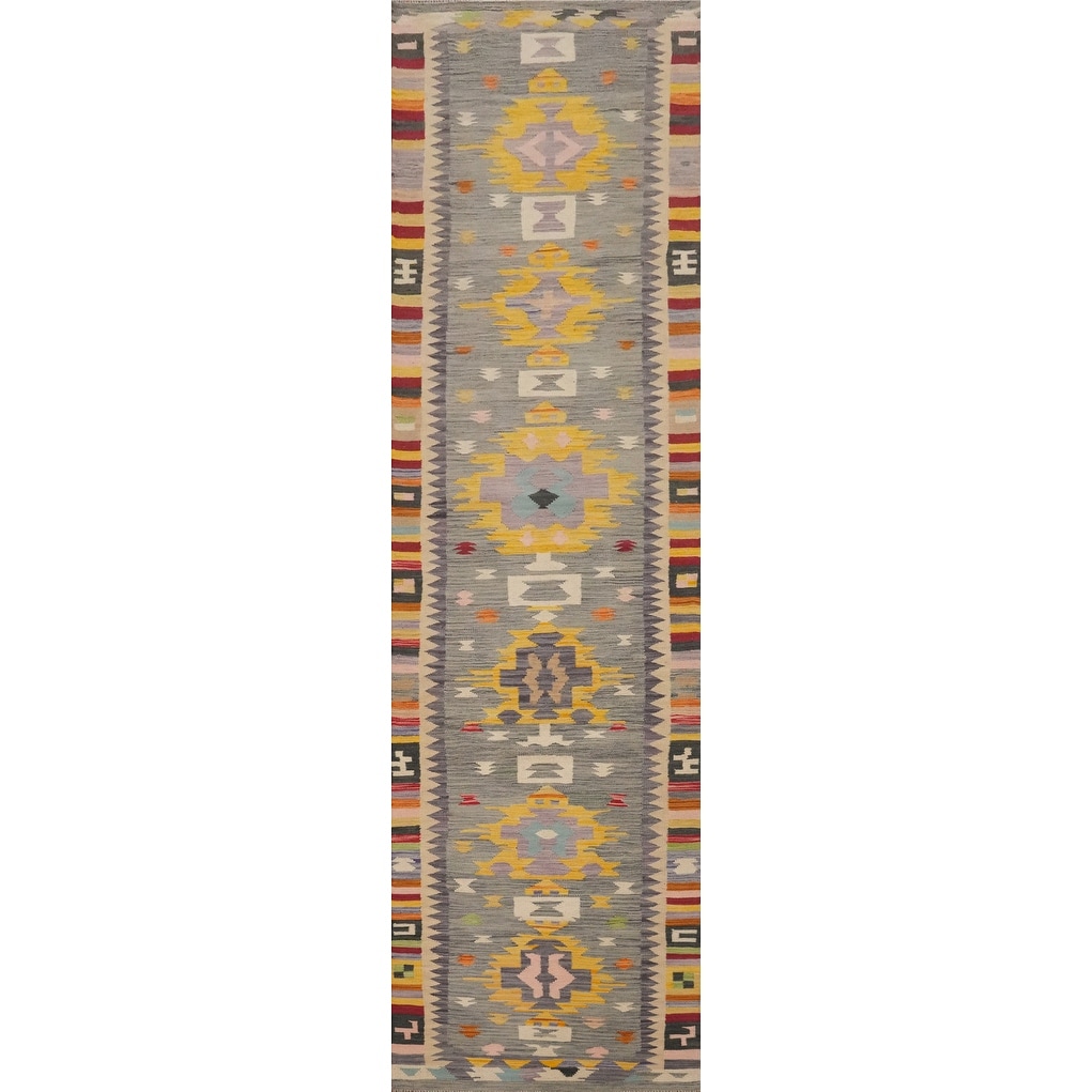 Hand Woven Oriental 100% Wool Carpet Southwestern Tribal Greys & Charcoal Kilim Runner Rug - 11' 9'' X 2' 10''