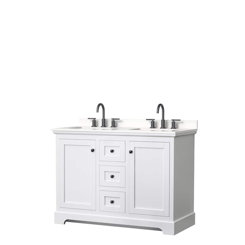 Avery 48-inch Double Vanity, Quartz Top - White, Black Trim, White Quartz Top