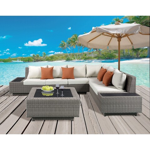 Patio Sectional & Cocktail Table in Beige Fabric & Gray Wicker