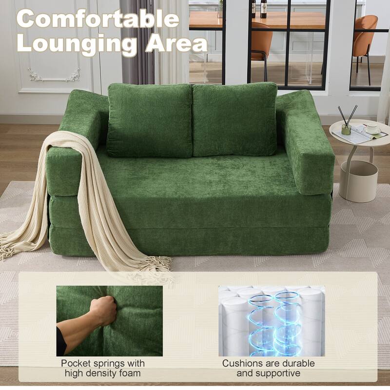 Modern Minimalist Fold-Out Sofa Bed, Convertible Chair Floor Couch, Green Chenille