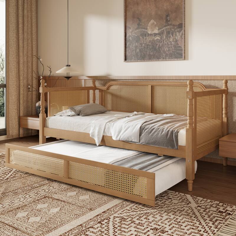 Rattan Daybed with Drawers/Twin Size Trundle, Bed Frame with Footboard - Walnut-with Trundle - Twin