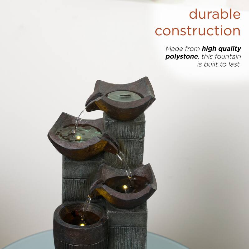 Alpine Corporation TZL414 14" 4 Tier Squared Bowls Fountain with LED Lights for Home, Office, and Desk Decor, Grey