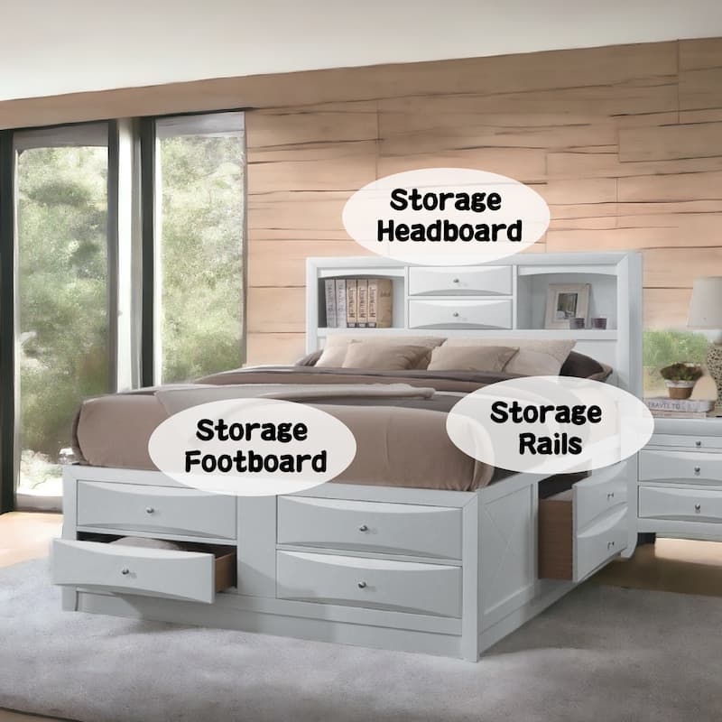 Queen Size Synthetic Wood Storage Bed with Bookcase Headboard and 8 Drawers