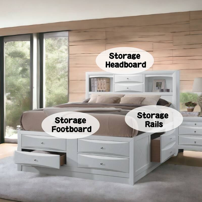 White Queen Storage Bed with 8 Drawers & Bookcase Headboard, No Box Spring Needed