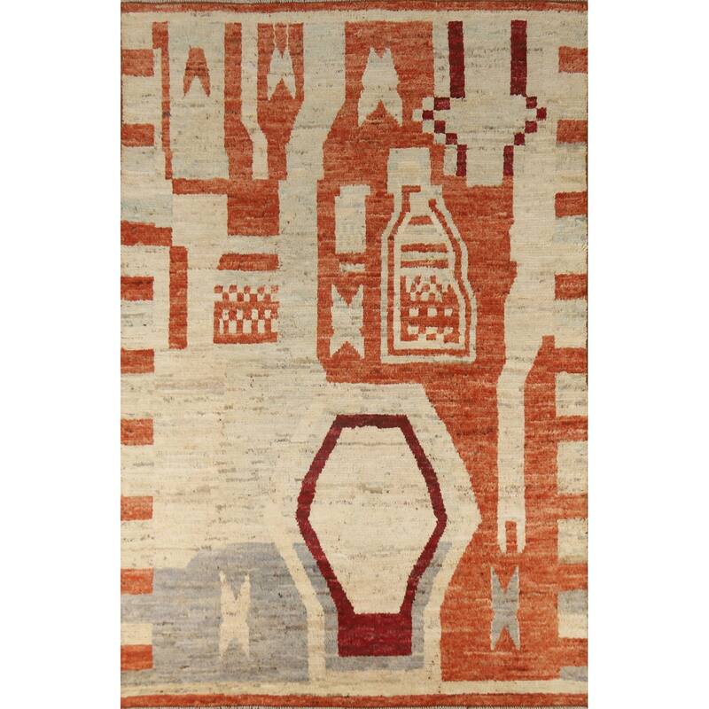 Moroccan Oriental Area Rug Hand-Knotted Beige Tribal Wool Carpet - 6'10" x 9'8"
