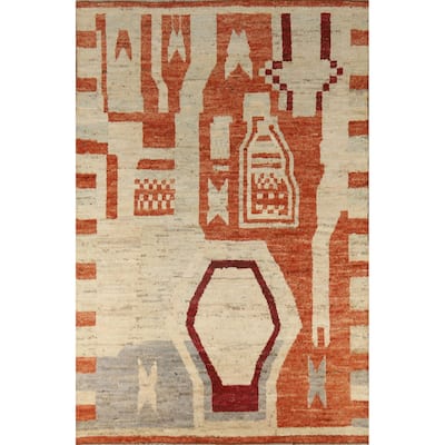Moroccan Oriental Area Rug Hand-Knotted Beige Tribal Wool Carpet - 6'10" x 9'8"