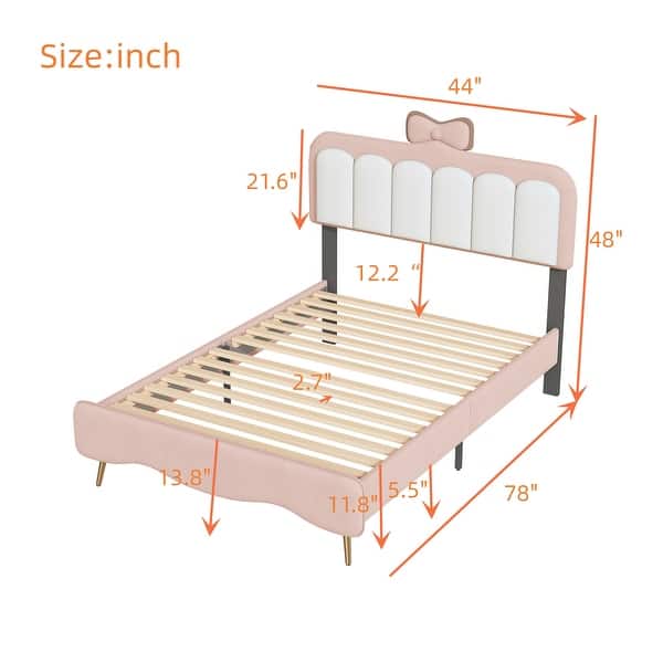 dimension image slide 1 of 2, Cute Princess Bed Upholstered Platform Bed with Headboard, Unique Princess Design Bed Frame with Bow-Knot & Metal Leg