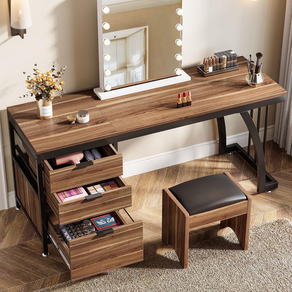 Vanity Desk 59" Dressing Table, Chic Makeup Desk with 3 Reversible Drawers for Bedroom, Home Room