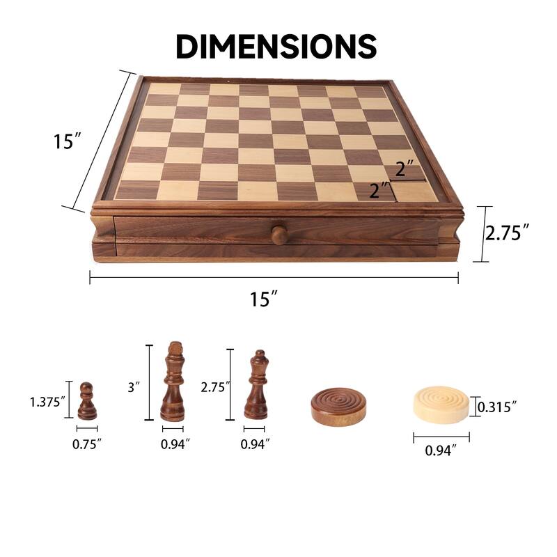 15" Large Wooden 2-in-1 Chess and Checkers Board Game Combo Set with Drawer
