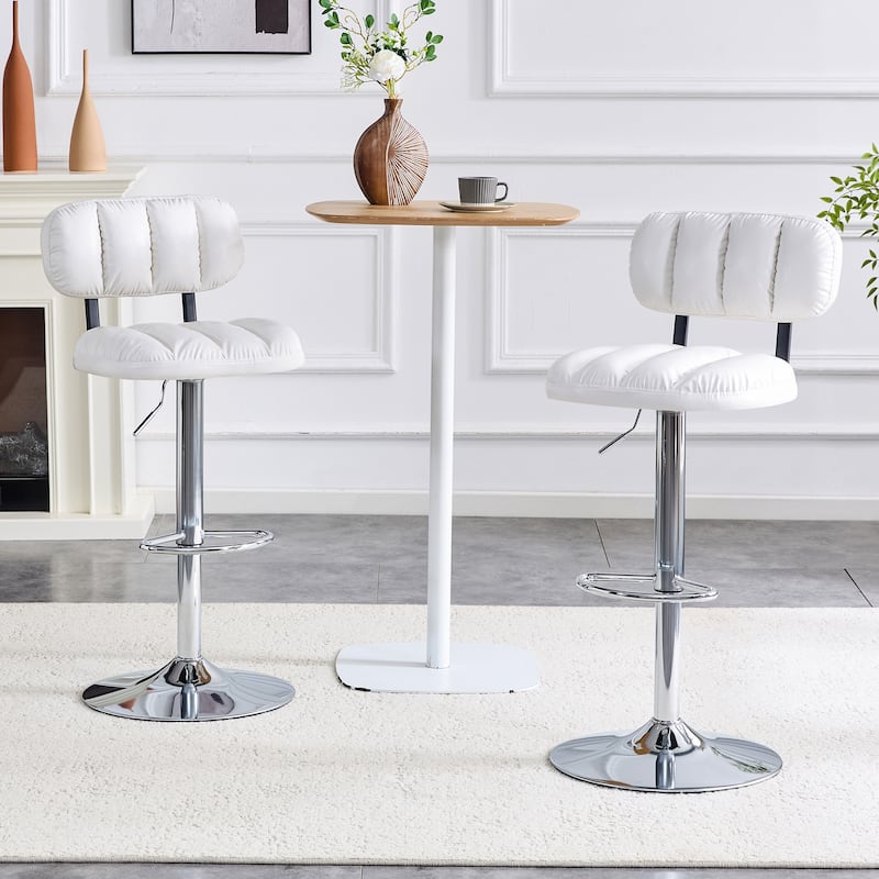 Set of 2 Adjustable Height Bar Stools, PU Leather Upholstered with Chrome Base & Footrest, Modern Comfortable Stools - White+Silver
