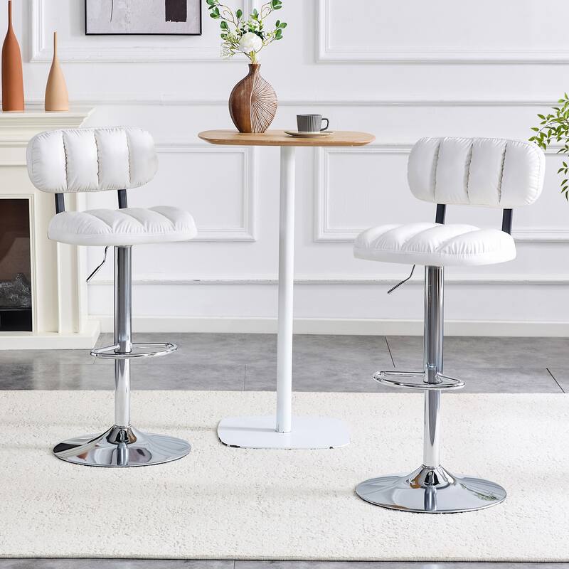 Set of 2 Adjustable Height Bar Stools, White PU Leather with Chrome Base & Footrest