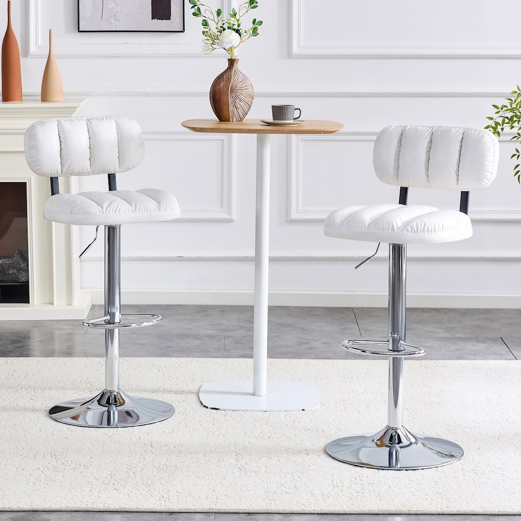 Set of 2 Adjustable Height Bar Stools, White PU Leather with Chrome Base & Footrest