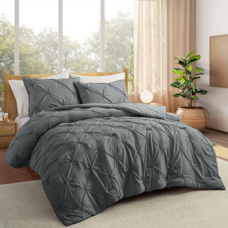 3 Piece Reversible Pintuck Pinch Pleat Comforter Set, Bedding Set for All Season - Charcoal Gray - Twin
