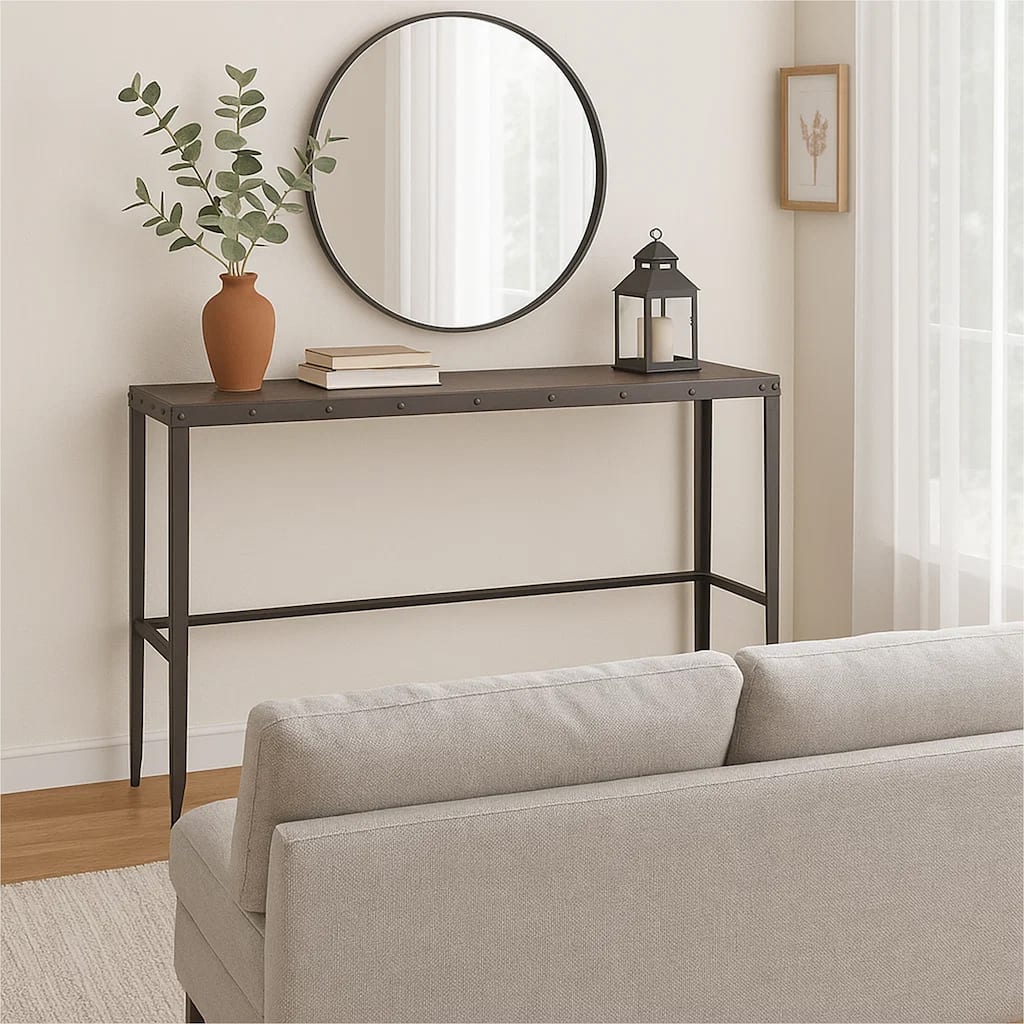 Ayka Sofa Bar Table w Nailhead Accent, 60 Inch Rectangular Brown Wood