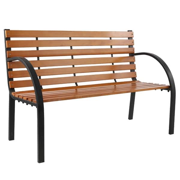 slide 4 of 8, 48" Hardwood Slotted Steel Cast Iron Frame Outdoor Patio Garden Bench Park Seat Black & Natural