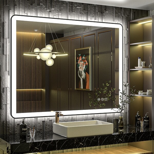 Apmir Black Framed Front Back LED Lighted Anti Fog Bathroom Vanity Mirror in Tempered Glass On Sale Bed Bath Beyond 39521672