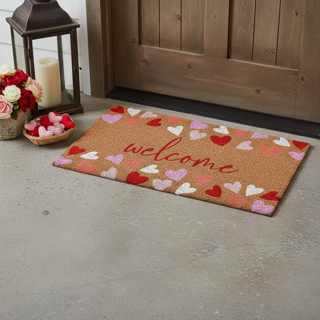 HomeRoots 17" X 29" Brown Pink Red And White Hearts Welcome Outdoor Coir Door Mat - 17.00' X '29.00