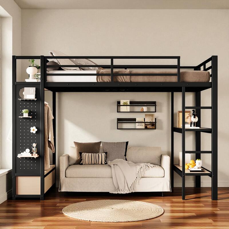 Full/Queen Size Metal Loft Bed with Wardrobe, Shelves & Pegboard, Space-Saving Bed Frame with Storage & Guardrails
