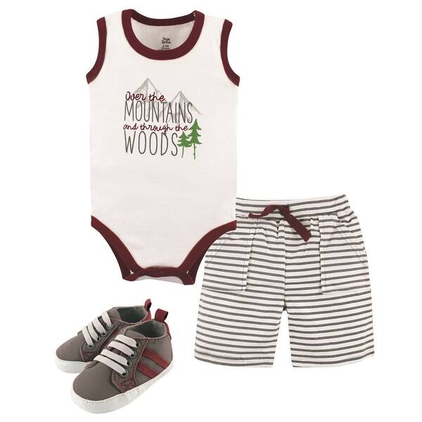 slide 1 of 1, Yoga Sprout Baby Boy Cotton Layette and Shoe 3pc Set, Mountains 0-3 Months - Mountains