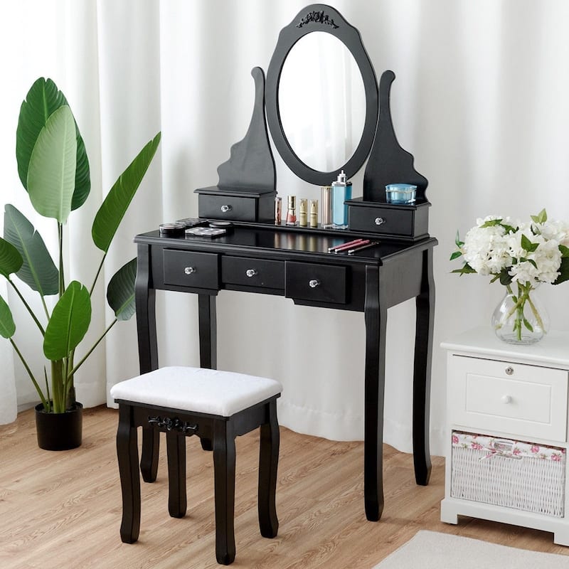Wooden Vanity Set with 360-deg Rotating Oval Mirror and Cushioned Stool-Black - 31.3" x 15.7" x 55.9" (L x W x H)
