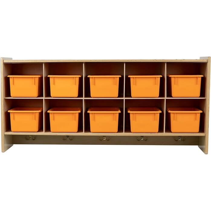 RRI Goods 10 Section Wall Mount Classroom Storage Organizer, Cubby Shelving with Trays and Hooks - Orange