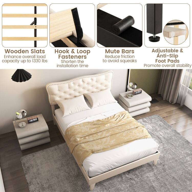Bed Frame with Nail Headboard and Wooden Slats