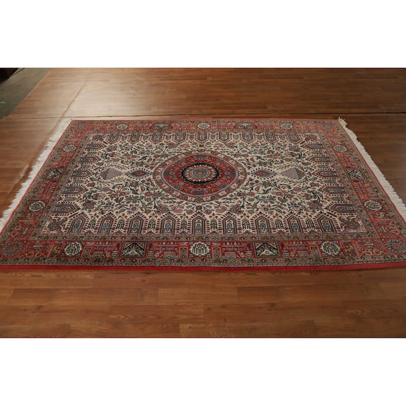 Hand Knotted Oriental Kork Wool Carpet Traditional Floral Beige & Ivories Qum Area Rug - 7' 2'' X 4' 9''