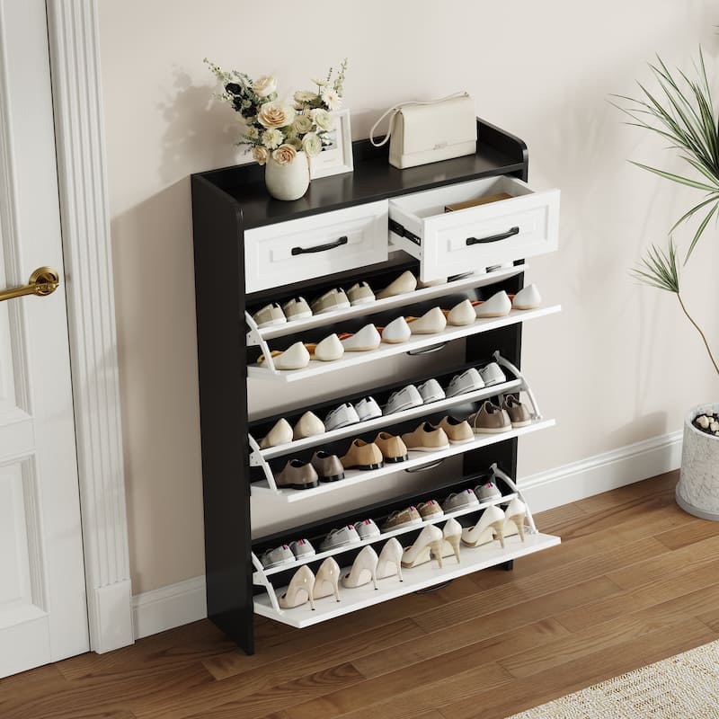 Black Shoe Storage Cabinet - 3-Door & 2-Drawer Design with PVC Decorative Panels‌