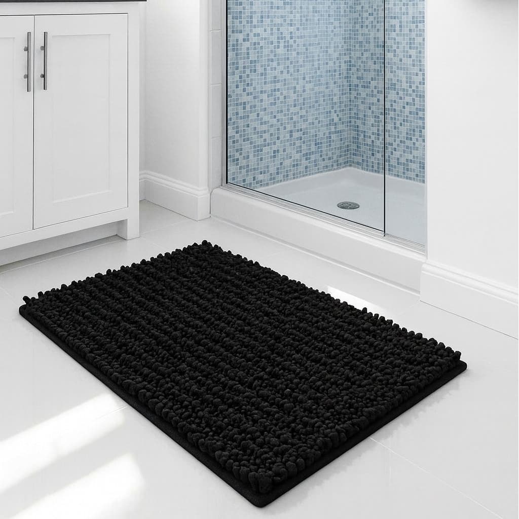 24"x16" - Black Soft Cozy Plush Chenille Bath Mat Bathroom Rug